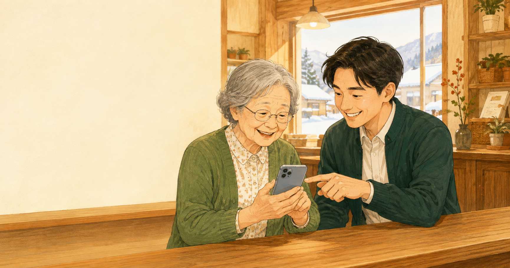 スタッフがスマホの使い方をやさしく教えている様子