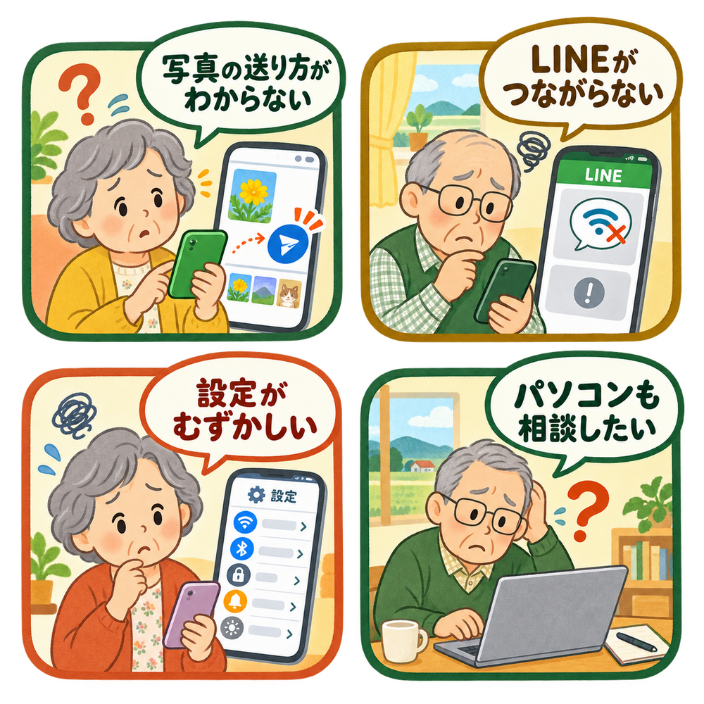 スマホやパソコンで困っている人のイラスト